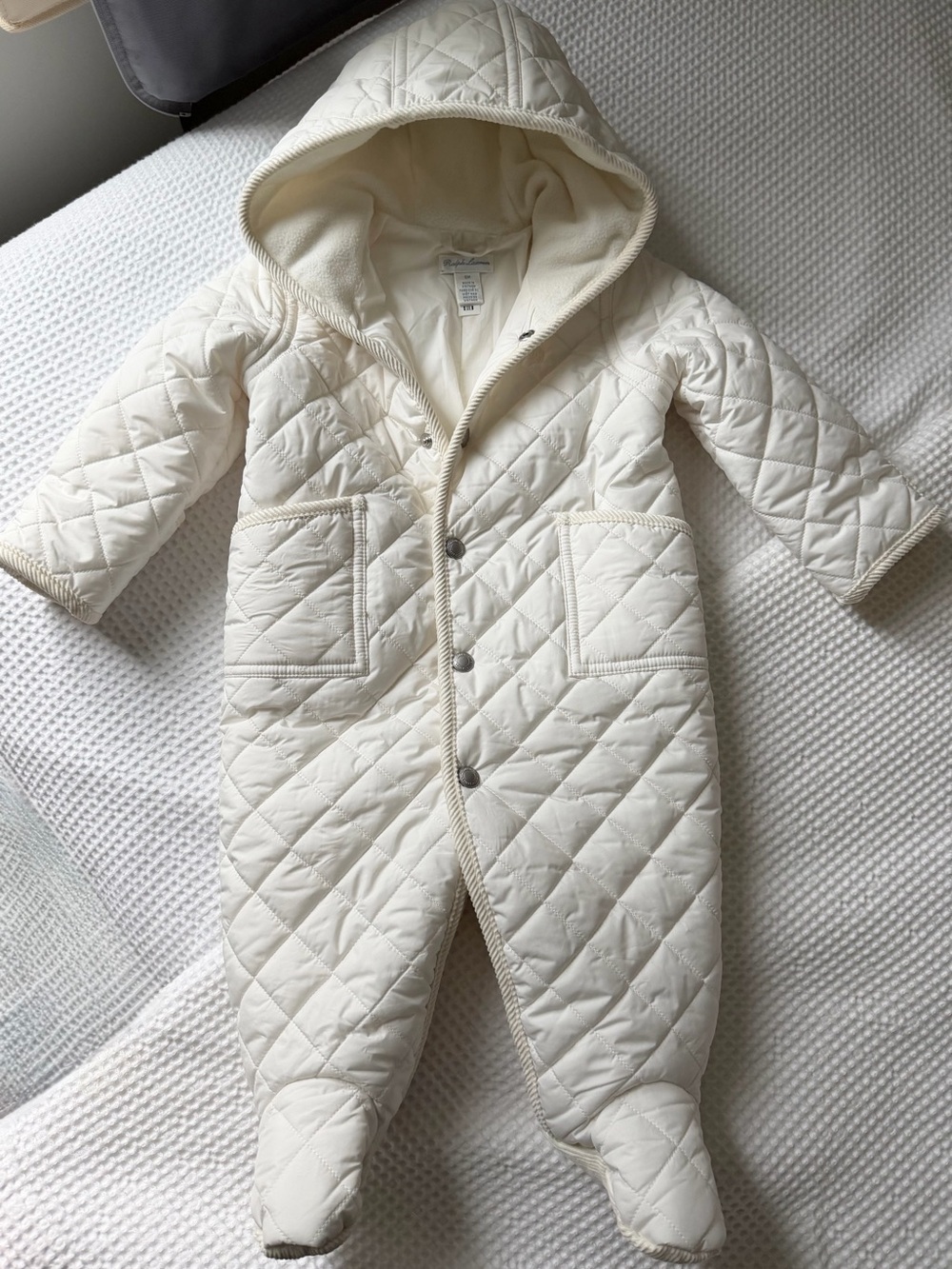 Ralph Lauren Cream Quilted Hooded Baby One-Piece